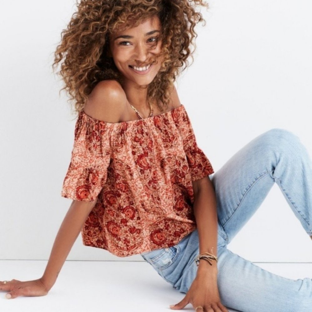Madewell Silk Off The Shoulder Paisley Top